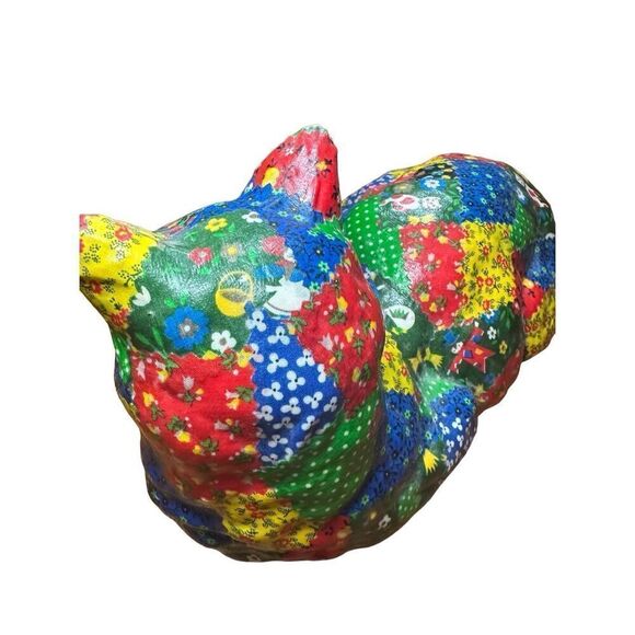 Vintage Rainbow Plaid Ceramic Calico Cat Statue Door Stop Decoupage Figurine Pat - Picture 5 of 7